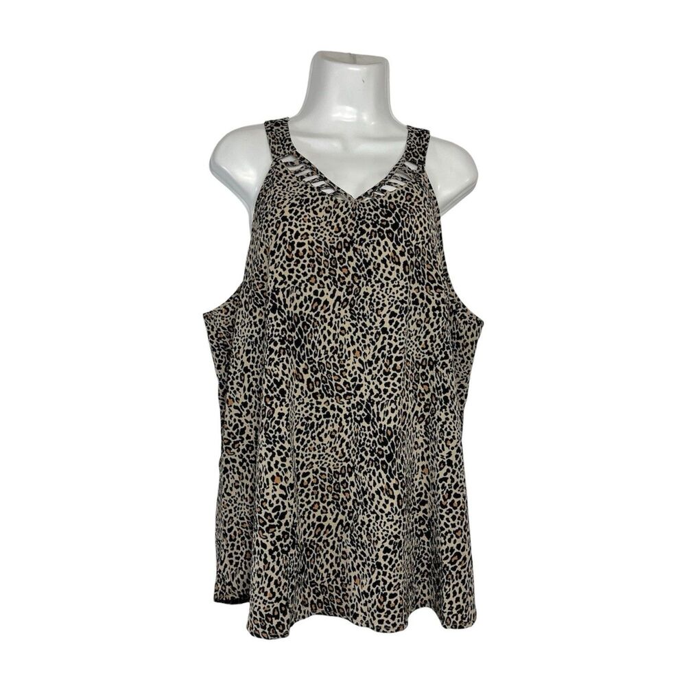 CURE Leopard Shell Top 1XL Lattice Neck Cheetah Sleeveless Blouse Party Plus Sz